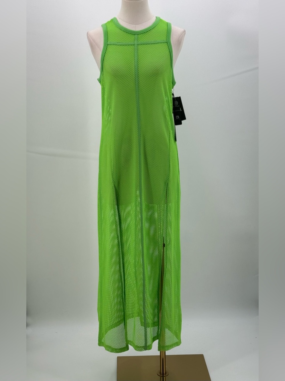 Blanc Noir Taiyo Tunic Dress Neon Green Mesh Sleeveless High Slit Swim Cover-Up - Picture 2 of 9